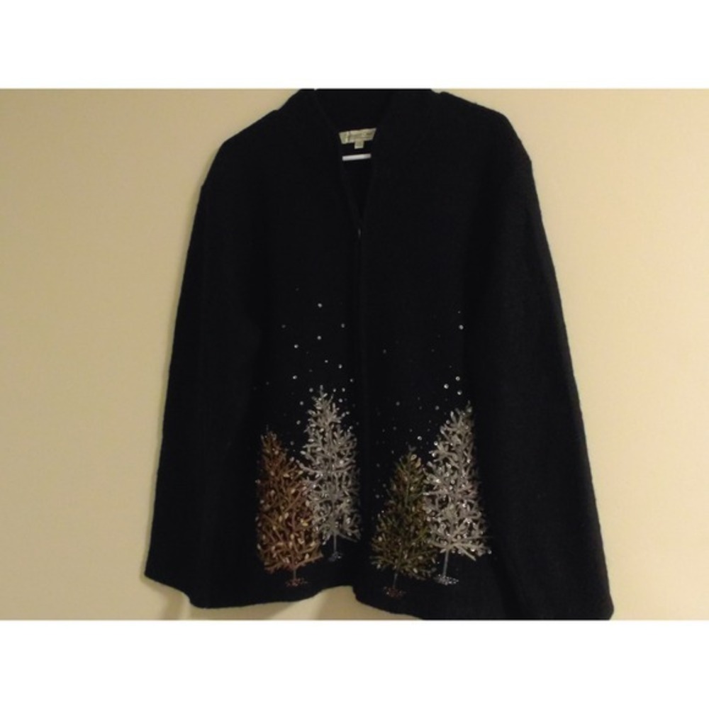 Coldwater Creek Womens 2X Black Wool Zip Cardigan Sequin Tree Holiday Sweater